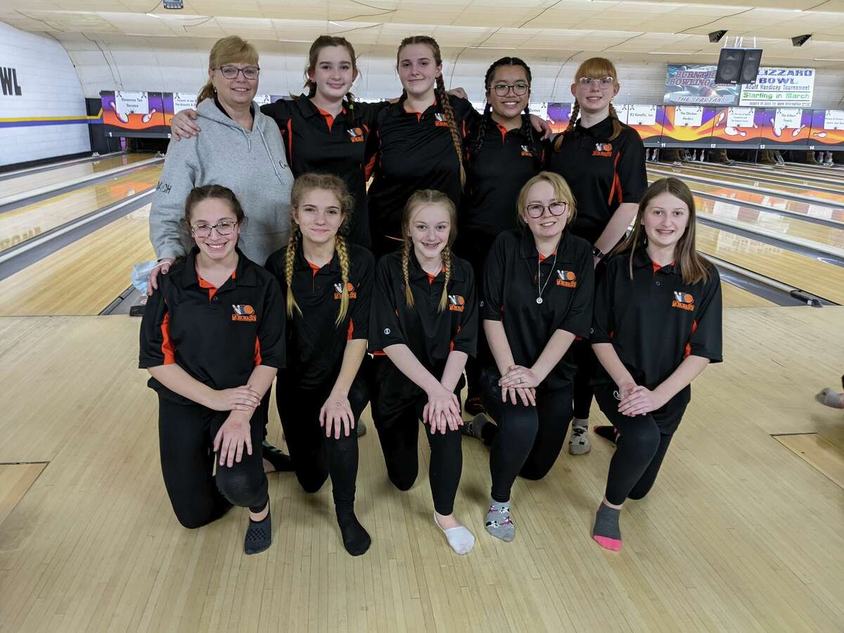 Members of the Section II Class A girls’ bowling championship team from Mohonasen, which won the title Thursday, Feb. 10, 2022, at Boulevard Bowl in Schenectady (front row, from left): Olivia Strufflino, Madysen Jones, Brianna Matteo, Amy Parody and Bella Foltman; (back row) Arianna Quinlivan, Giovanna Fowler, Kianna Macapinlac and Katilyn Gaudio.