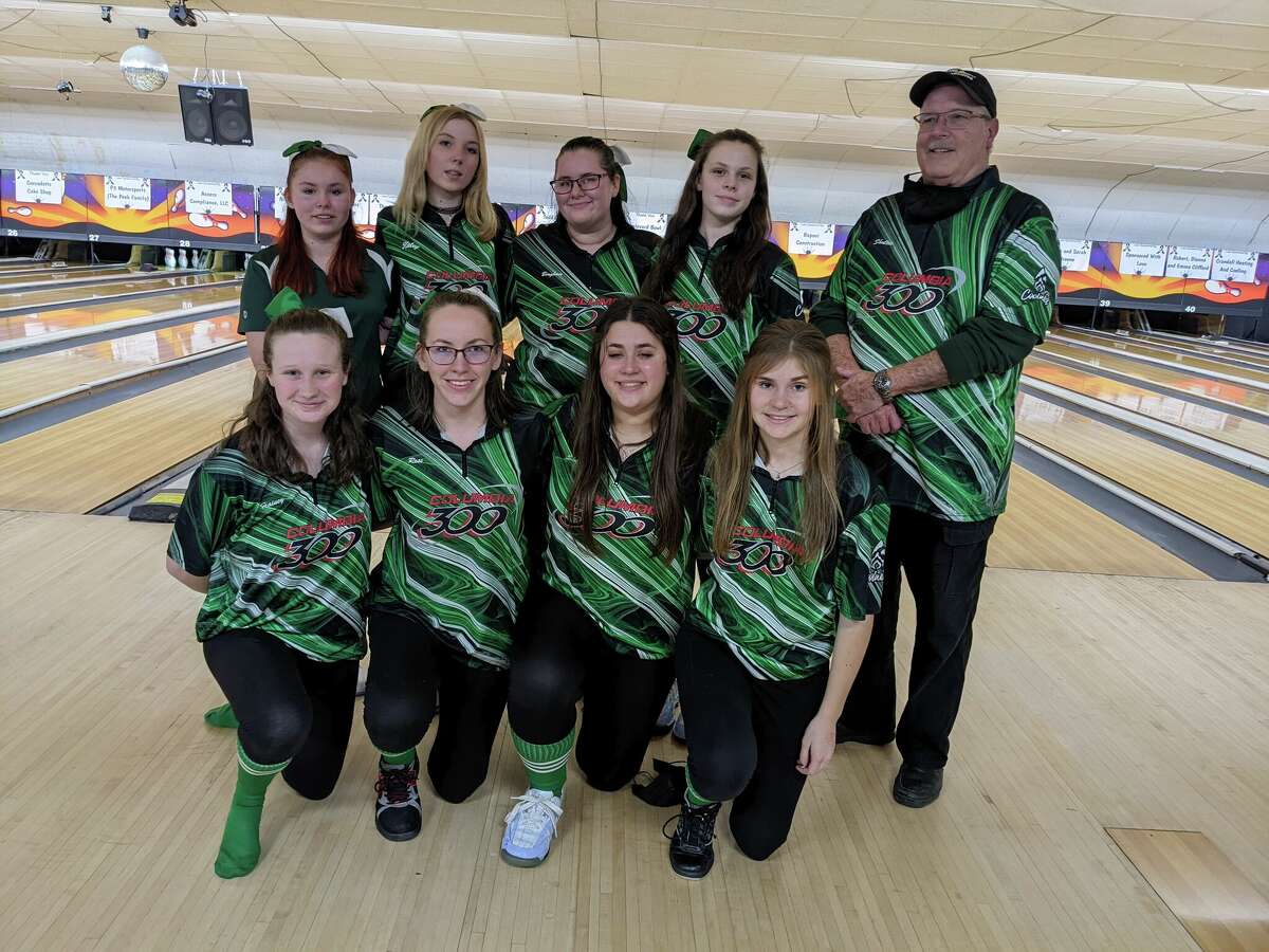 Members of the Section II Class C girls’ bowling championship team from Middleburgh, which won the title Thursday, Feb. 10, 2022, at Boulevard Bowl in Schenectady (front row, from left): Skylar Haney, Jaidyn Rose, Cameryn Shultes and Danni Chichester; (back row): Corinne Leuechi, Haley Slater, Julia Bingham, Delilah Shultes and coach Rich Shultes.