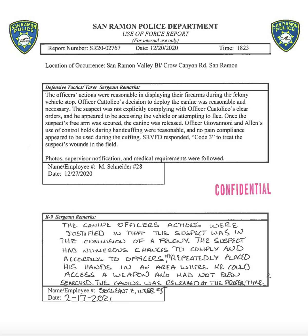San Ramon police found a dog deployment was “justified and necessary” during the arrest of Ali Badr, according to a use-of-force report.