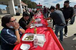 Media members compete in the 2022 edition of the annual Washington’s Birthday Celebration Association Media/Celebrity Jalapeño Eating Challenge on Thursday, Feb. 10, 2022.