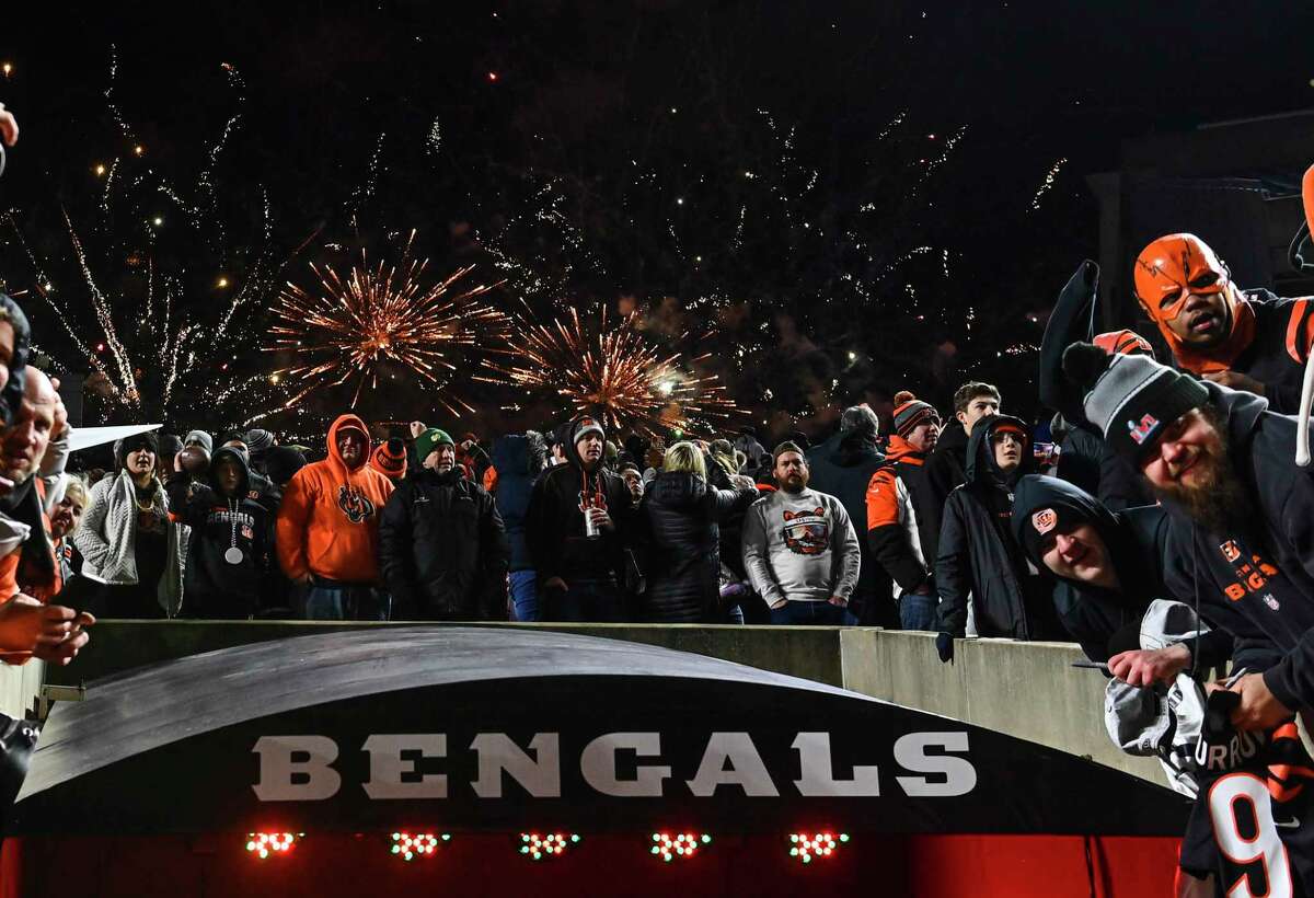 Cincinnati Bengals fans show their support and enjoy the show during the team's Super Bowl pep rally at Paul Brown Stadium on Feb. 7. in Cincinnati.