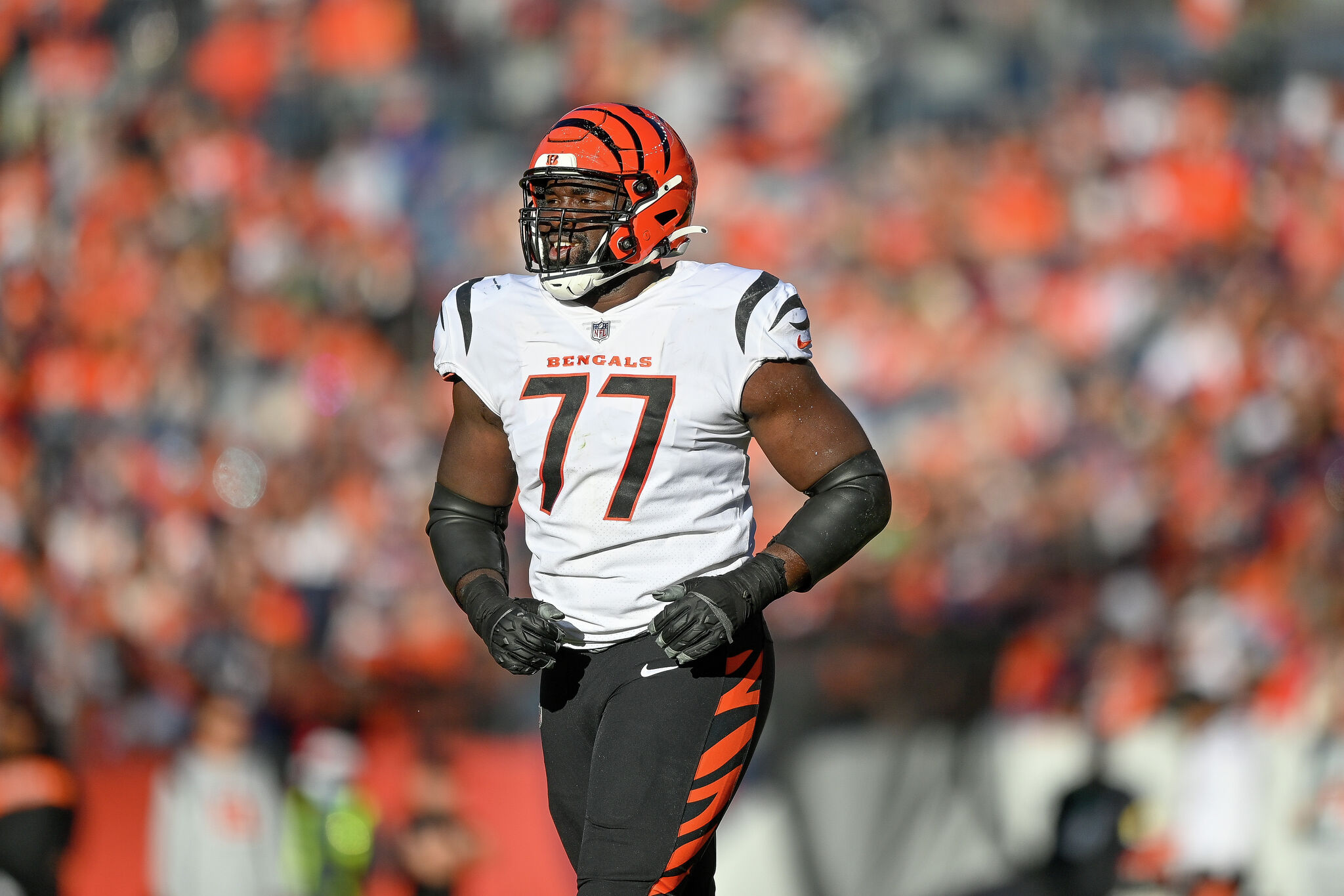 Cincinnati Bengals guard Hakeem Adeniji (77) reacts after