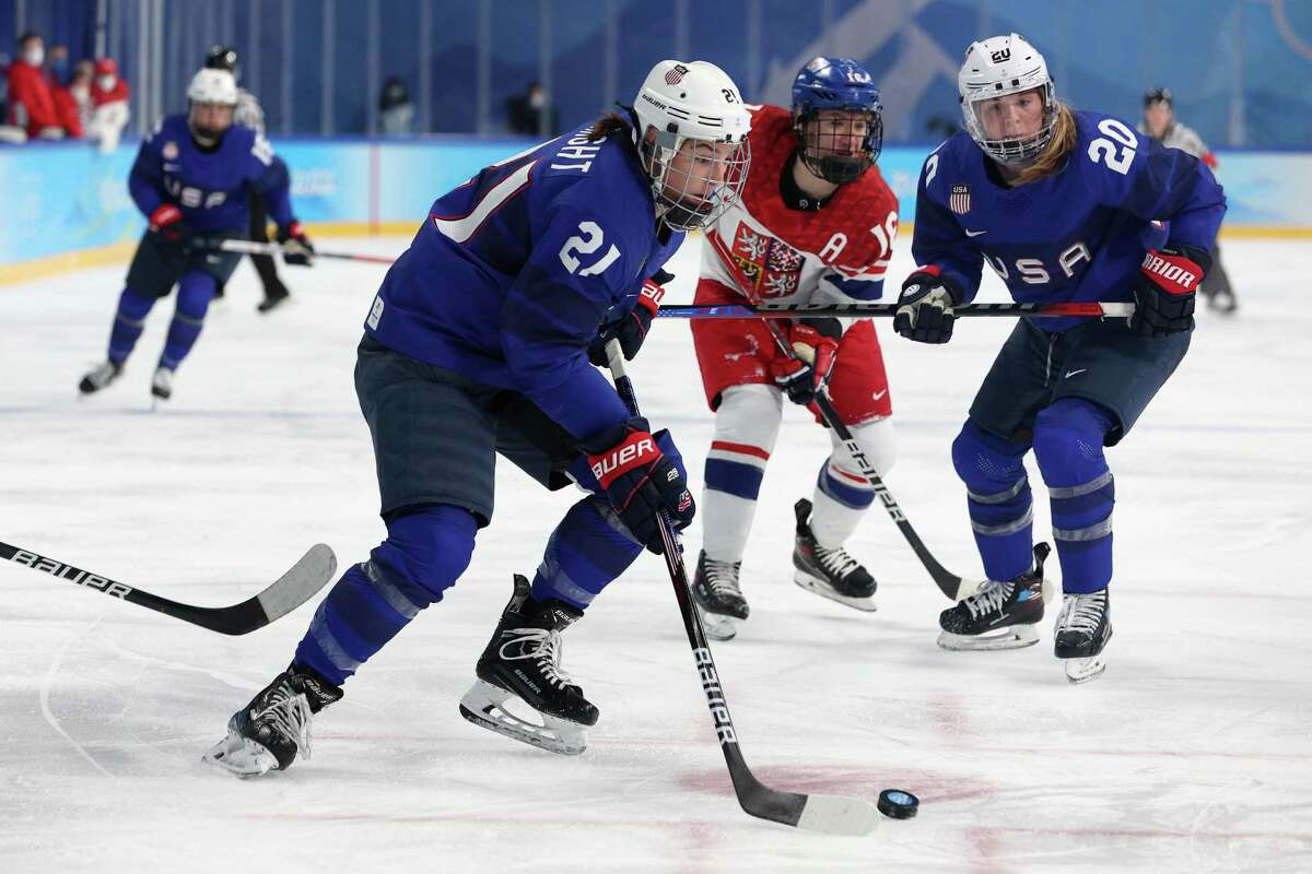 BEIJING, CHINA - FEBRUARY 11: Hilary Knight #21 of Team United States plays the puck in the second period against Team Czech Republic during the Women's Ice Hockey Quarterfinal match on Day 7 of the Beijing 2022 Winter Olympic Games at Wukesong Sports Centre on February 11, 2022 in Beijing, China. (Photo by Sarah Stier/Getty Images)