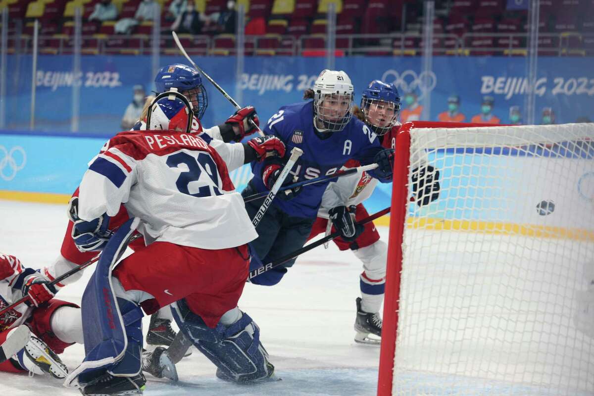 BEIJING, CHINA - FEBRUARY 11: Hilary Knight #21 of Team United States puts the puck on net for a goal against Team Czech Republic in the second period during the Women's Ice Hockey Quarterfinal match on Day 7 of the Beijing 2022 Winter Olympic Games at Wukesong Sports Centre on February 11, 2022 in Beijing, China. (Photo by Sarah Stier/Getty Images)
