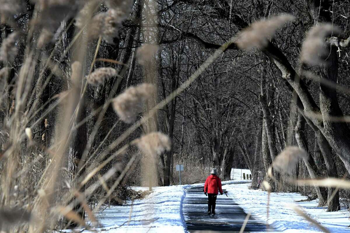 Bright sunny skies made for pleasant winter walking along the Mohawk Hudson Bike-Hike Trail on Friday, Feb. 11, 2022, in Colonie, N.Y. Colonie is exploring options on how to connect the the trail to Route 7 and the British American Boulevard multi use path.