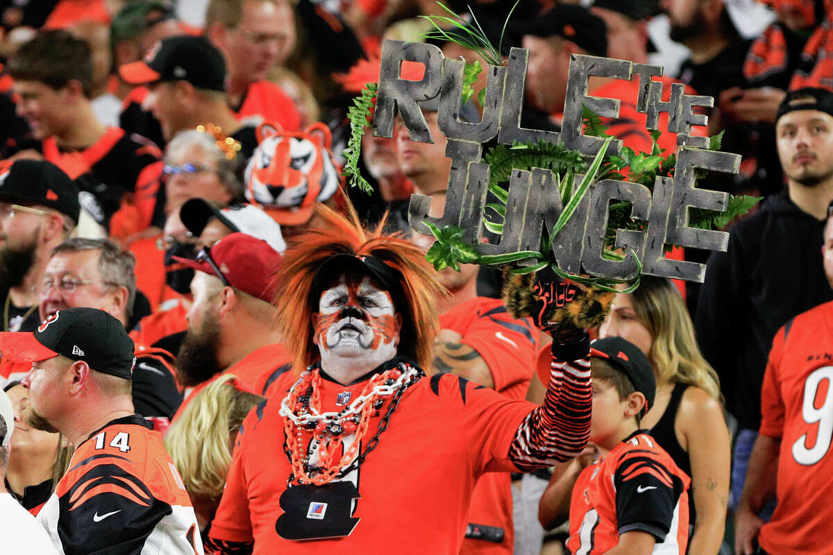 CINCINNATI, OH - SEPTEMBER 30: A Cincinnati Bengals fan holds up a sign that reads "Rule the Jungle" during the game against the Jacksonville Jaguars and the Cincinnati Bengals on September 30, 2021, at Paul Brown Stadium in Cincinnati, OH. (Photo by Ian Johnson/Icon Sportswire via Getty Images)