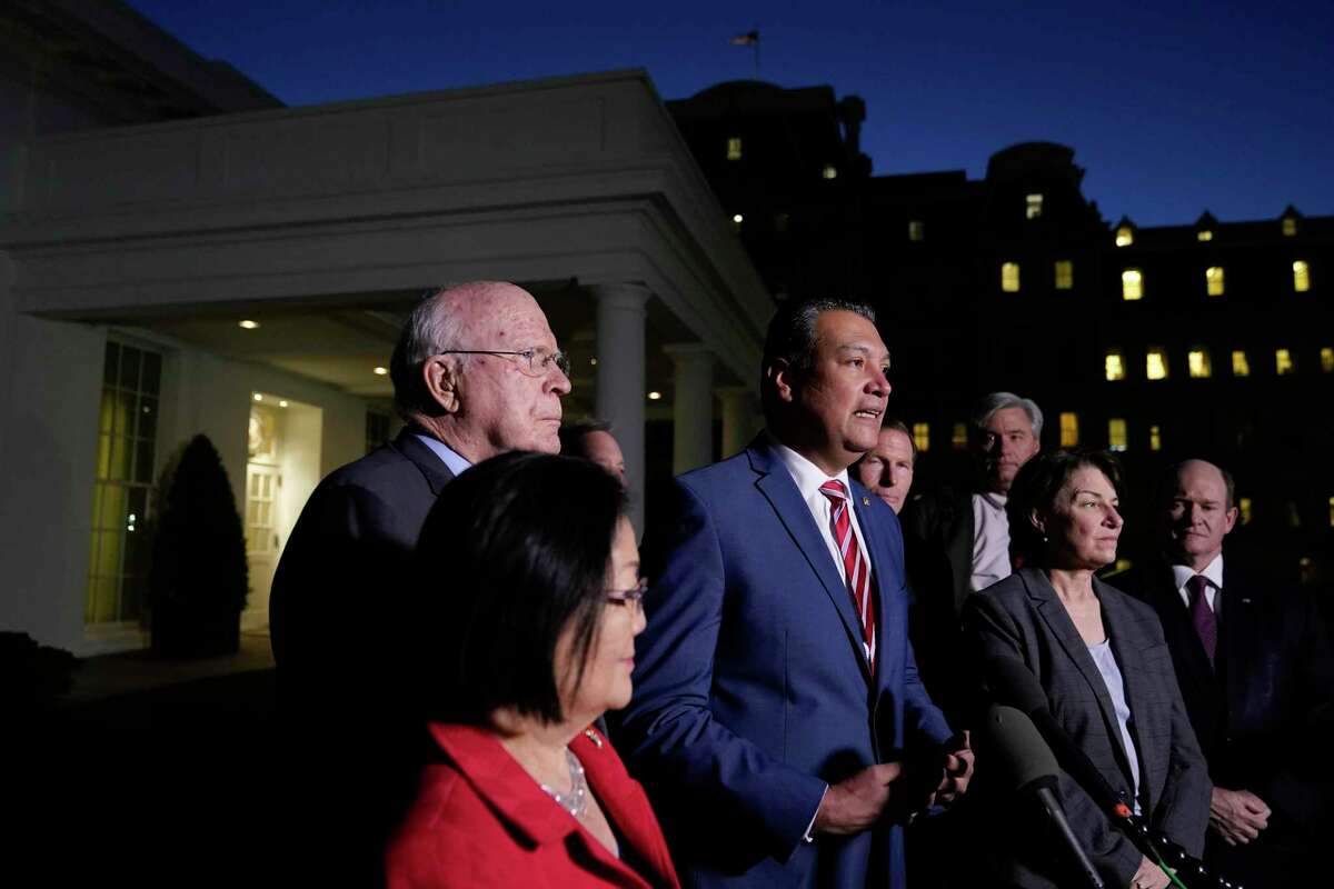 Sen. Alex Padilla, D-Calif., speaks with reporters on Feb. 10, 2022, after he and Democratic members of the Senate Judiciary Committee met with President Joe Biden at the White House to discuss the upcoming Supreme Court vacancy.