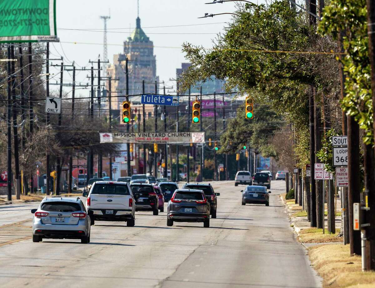 Cars drive south Feb. 10 on Broadway in San Antonio between Hildebrand Avenue and downtown.