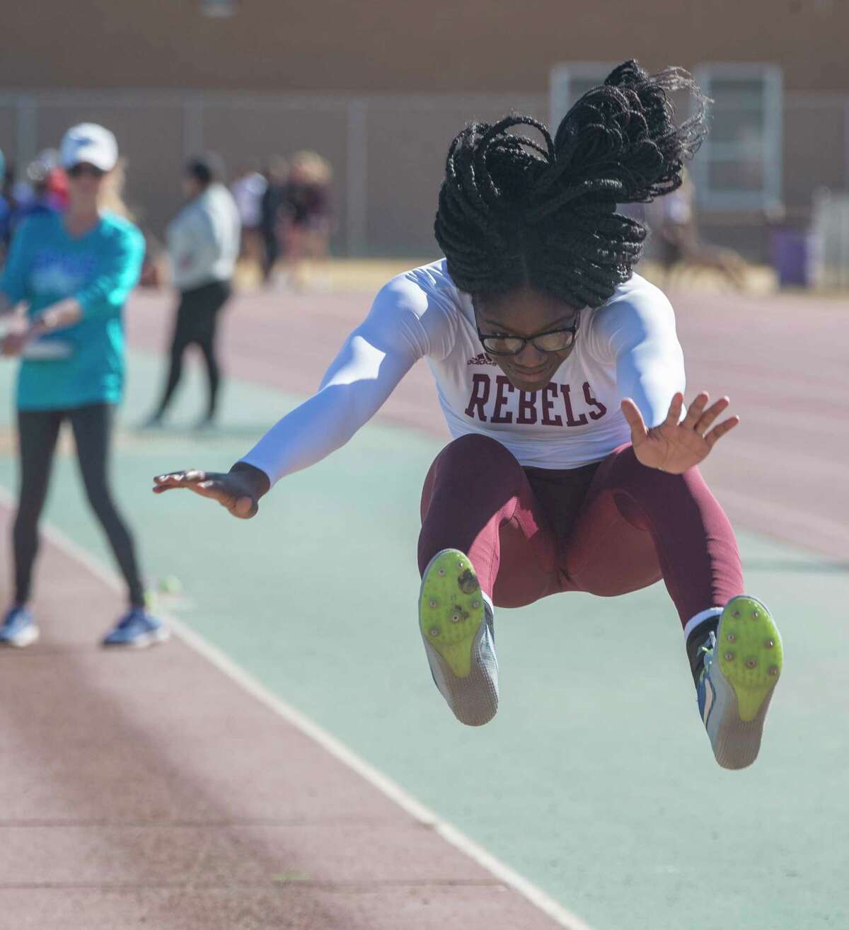 Legacy High's Christalynn Tate competes in the girls long jump 02/11/2022 during the Tall City Relays at Memorial Stadium. Tim Fischer/Reporter-Telegram