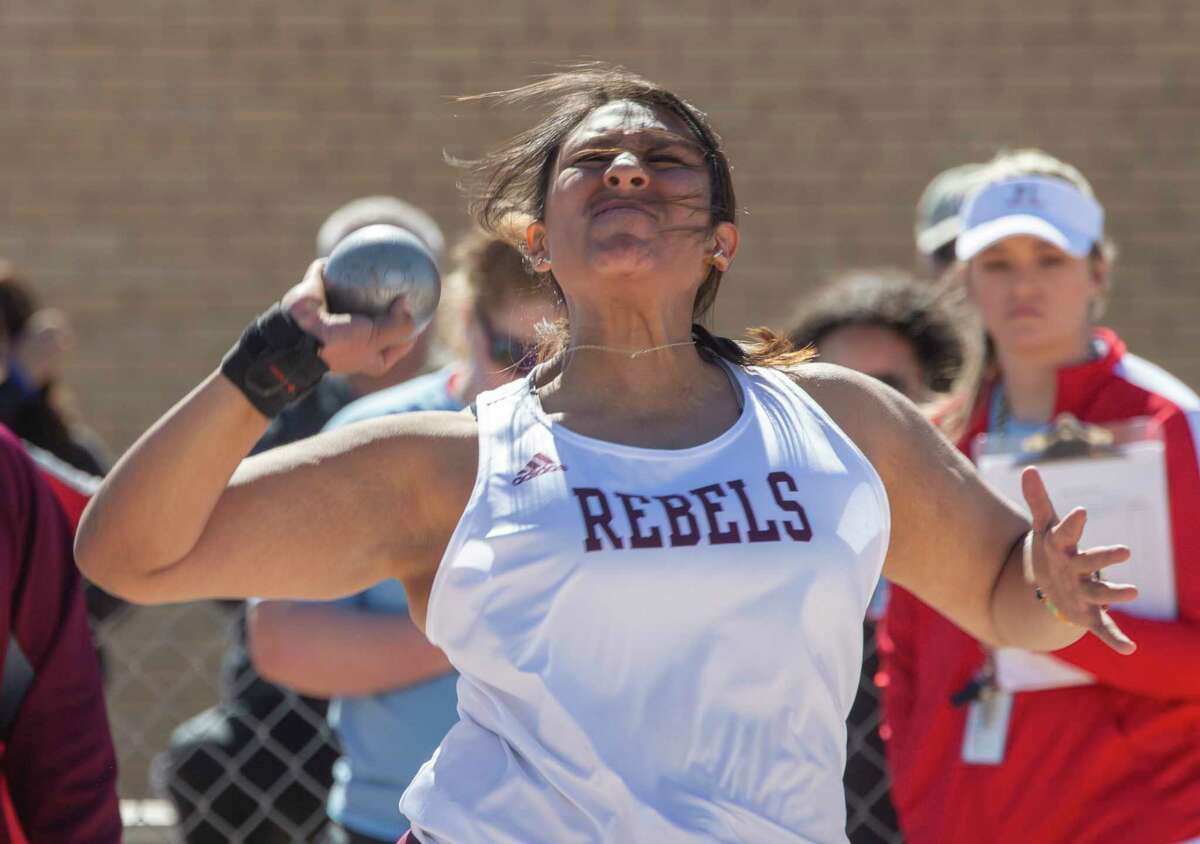 Legacy High's Leah Acosta throws the shot 02/11/2022 during the Tall City Relays at Memorial Stadium. Tim Fischer/Reporter-Telegram