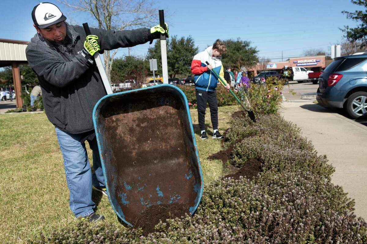 Rolands Arriaga, left, dumps mulch as Clayton Edwards spreads in out at Lifepath Church Saturday, Jan. 15, 2022 in Houston. Lifepath Church is partnering with neighbors at the Masjid E Mohammedi mosque and Trees for Houston to plant and/or deliver more than 2,000 trees in the Cypress and Katy areas.