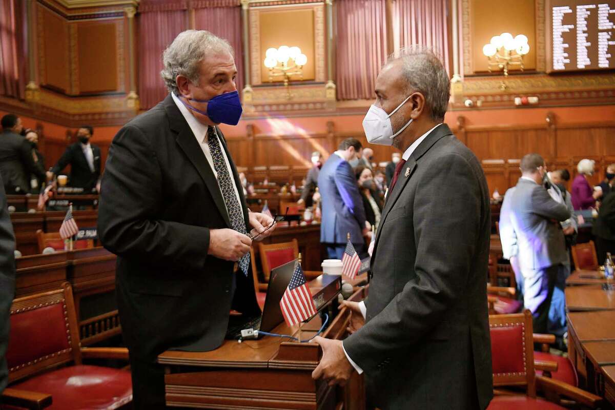 State Rep. Jonathan Steinberg, D-Westport, left, and state Sen. Saud Anwar, D-South Windsor, in a photo taken recently in the House chamber.