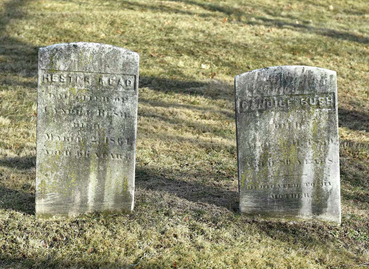 Grave stones of former Bush-Holley House enslaved laborers Hester Mead, left, and her mother Candice Bush are at Union Cemetery in Greenwich, Conn. Thursday, Feb. 10, 2022. Hester was born in 1807 and freed in 1828, while her mother Candice was born in 1780 and freed in 1825.