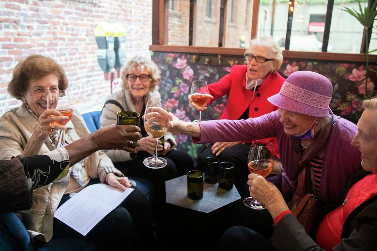 Toasting at the reopening of the San Francisco Wine Society’s parklet are Joan Reese (left), Judy Heggie, Desa Belyea, Helen Johnson and Janet Boreta, fondly dubbed the Golden Girls.
