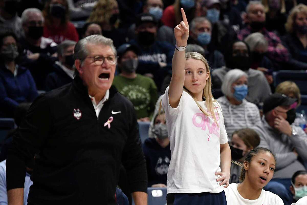 Connecticut's Paige Bueckers waves her finger during the first half of the team's NCAA college basketball game against DePaul, Friday, Feb. 11, 2022, in Storrs, Conn. (AP Photo/Jessica Hill)