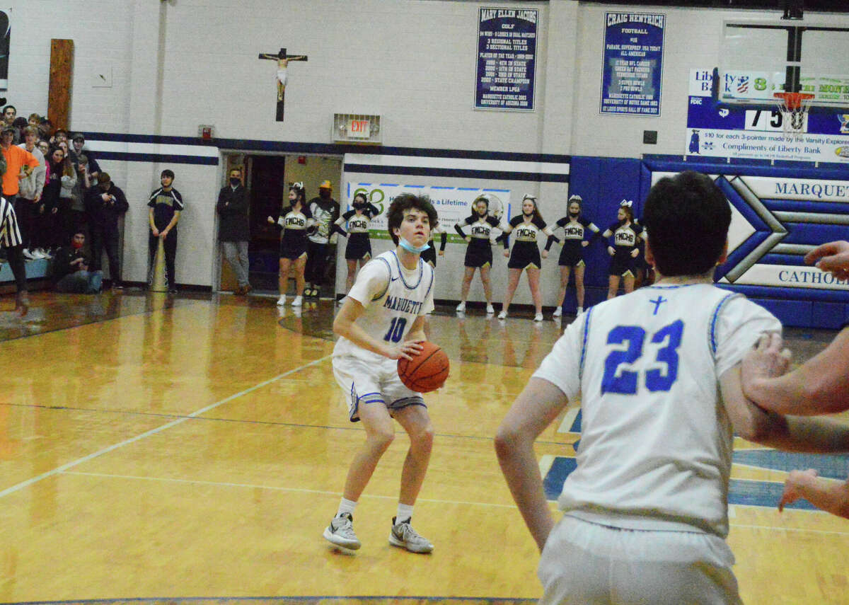 Owen Williams made five threes against Father McGivney Catholic High School on Friday night. Williams led all scorers with 28 points in the 54-46 win. 