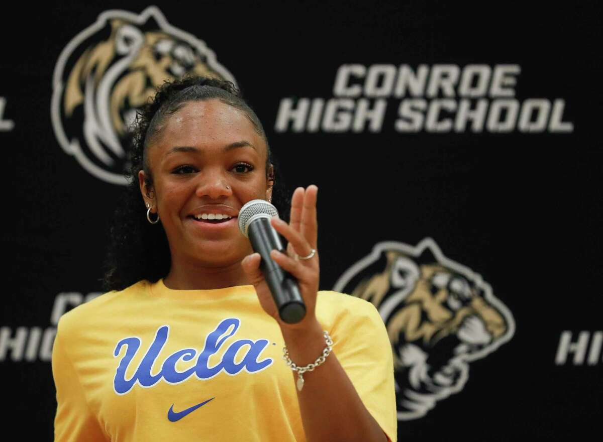 Kennedy Powell speaks after signing to play softball for UCLA during a signing ceremony at Conroe High School, Wednesday, Nov. 10, 2021, in Conroe.