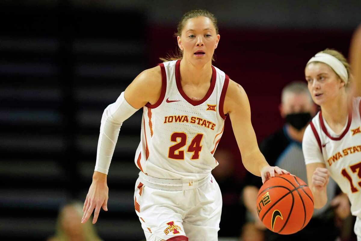 Iowa State guard Ashley Joens (24) drives up court during the first half of an NCAA college basketball game against Kansas State, Wednesday, Feb. 2, 2022, in Ames, Iowa. (AP Photo/Charlie Neibergall)
