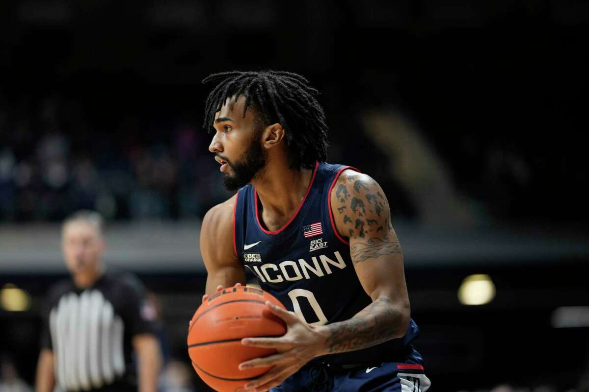 Jalen Gaffney and the UConn men’s basketball team will take on St. John’s at Madison Square Garden on Sunday.