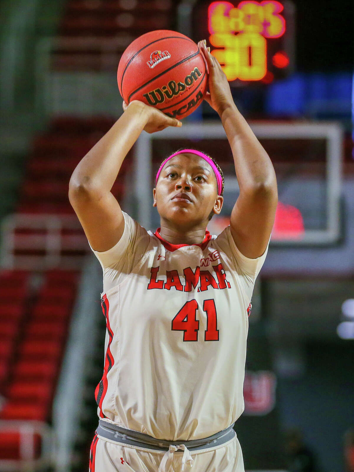 Lamar Cardinals forward Akasha Davis (41) shoots a free throw after being fouled by Seattle University at the Montagne Center in Beaumont, TX. Photo taken February 12, 2022 by Jarrod Brown