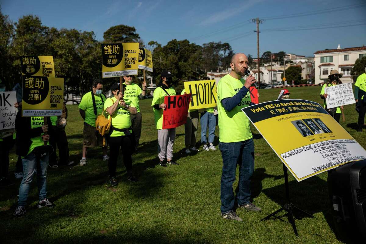 Joel Engardio speaks Saturday at Carl Larsen Park in the Sunset District during a rally supporting the S.F. school board recall.