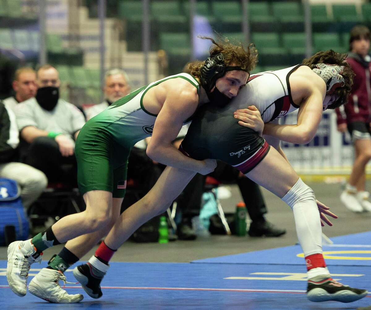 Shenendehowa's Ayden Robles wrestles Burnt Hills-Ballston Lake's Liam Carlin in the Div. I 128-lb. weight class match at Section II wrestling championships on Saturday, Feb. 12, 2022 in Glens Falls, N.Y. Shen's Robles was the victor. (Jenn March, Special to the Times Union)
