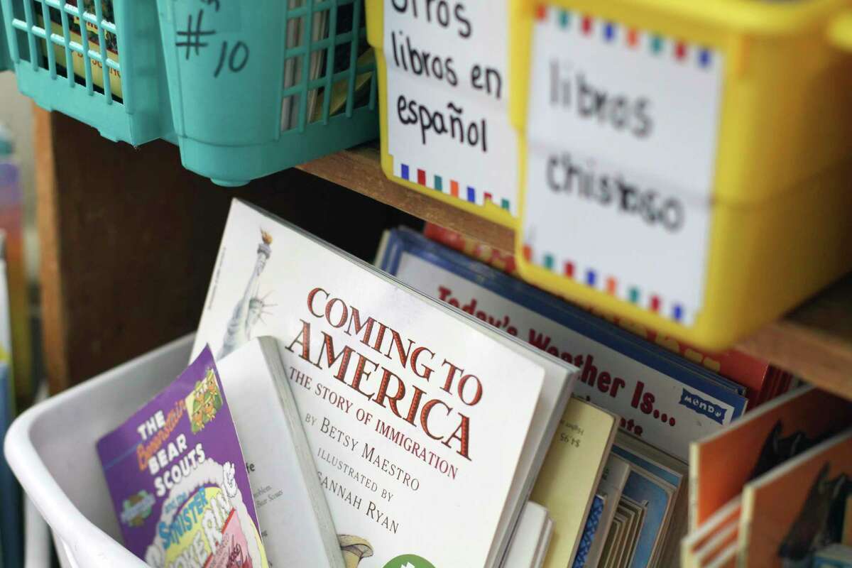 Books are organized in plastic bins in a third-grade bilingual class. There are over 1 million English learners in Texas, according to the Texas Education Agency. But from 2010 to 2019, the number of certified bilingual teachers fell by about 20 percent, according to a report.