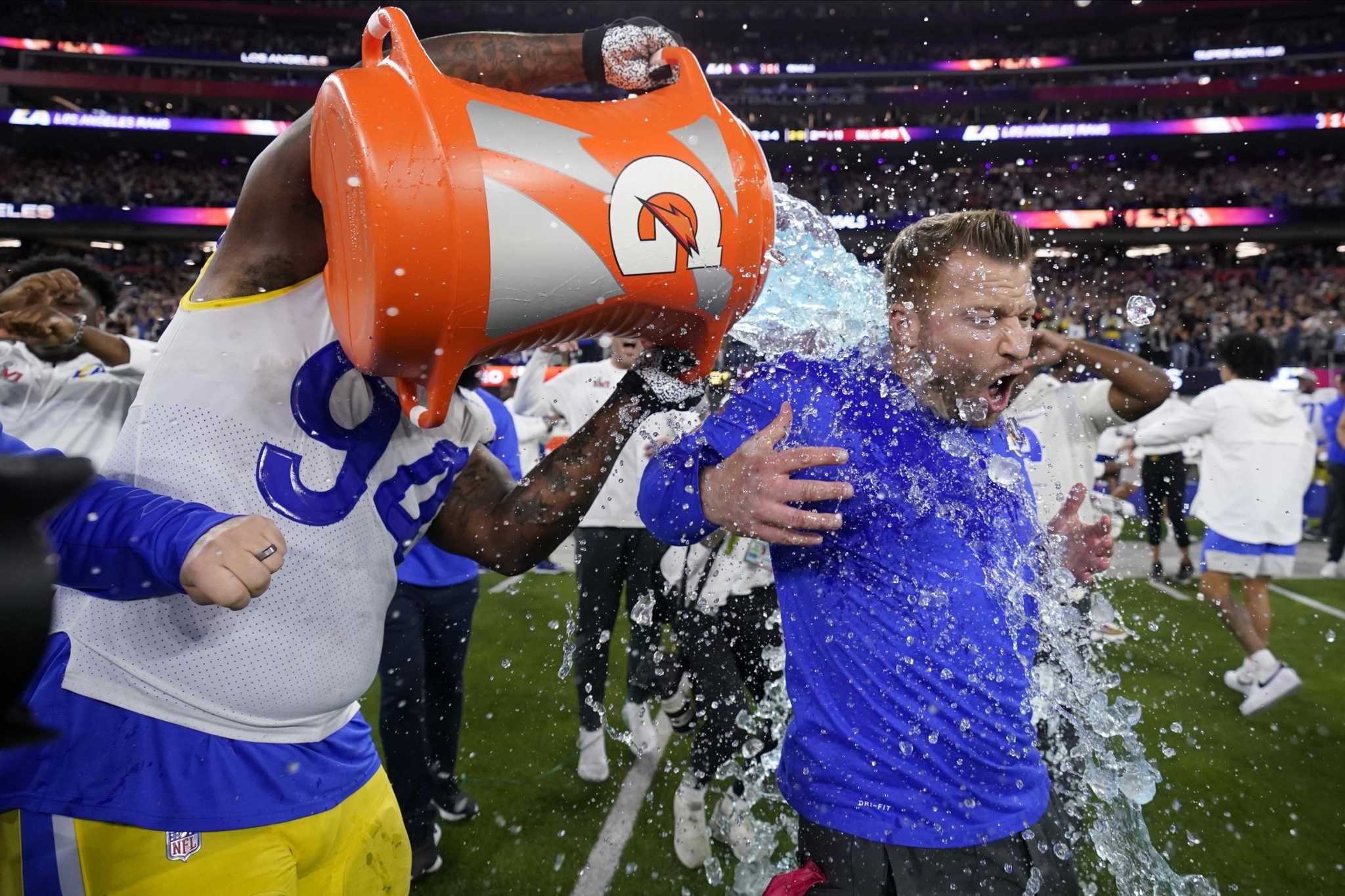 Inglewood, California, USA. 13th Feb, 2022. Los Angeles Rams defensive  tackle Aaron Donald (99) celebrates his game winning sack of Cincinnati  Bengals quarterback Joe Burrow (9) during Super Bowl 56 LVI NFL