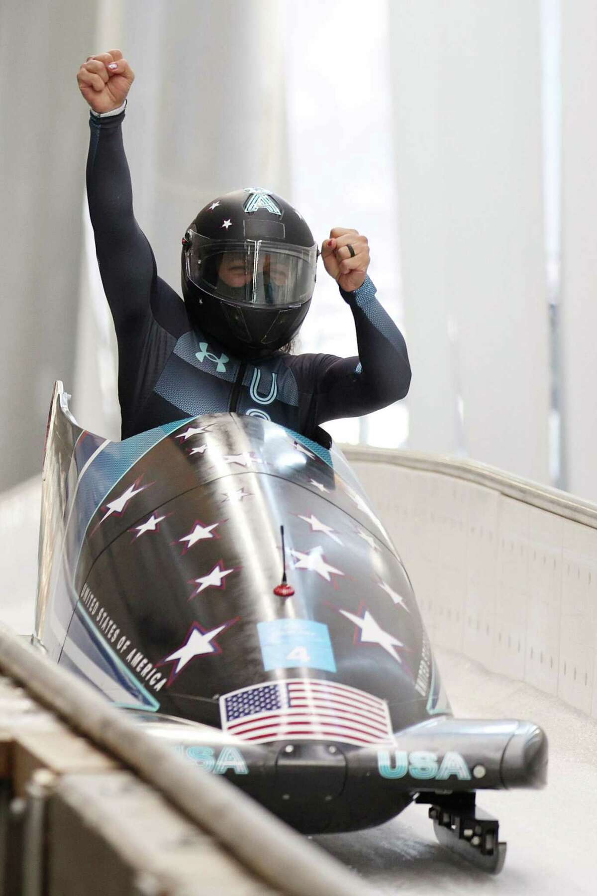 YANQING, CHINA - FEBRUARY 14: Silver medallist Elana Meyers Taylor of Team United States celebrates during the Women's Monobob Bobsleigh Heat 4 on day 10 of Beijing 2022 Winter Olympic Games at National Sliding Centre on February 14, 2022 in Yanqing, China. (Photo by Adam Pretty/Getty Images)
