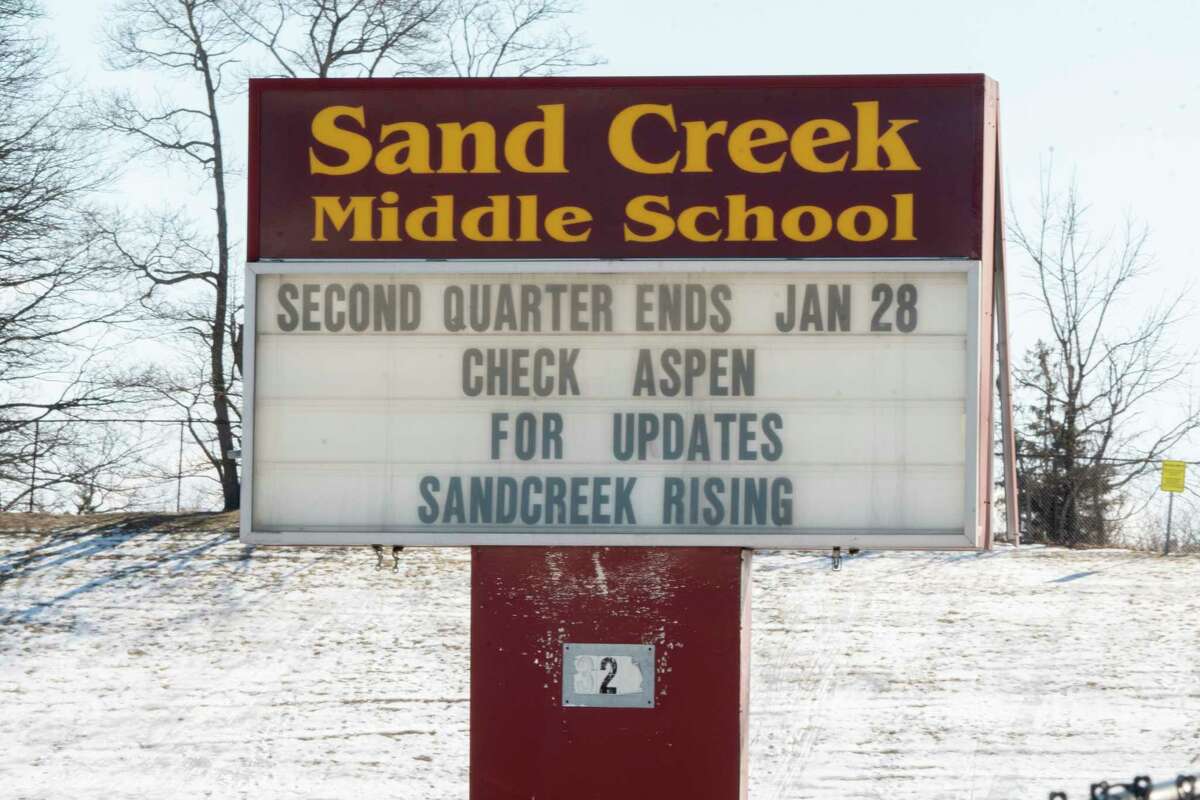 Sign for Sand Creek Middle School on Monday, Feb. 14, 2022 in Colonie, N.Y.