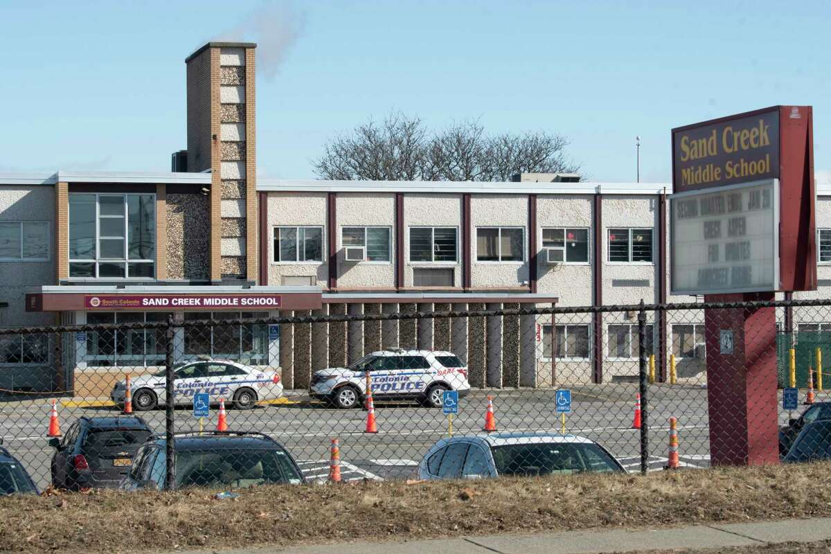 Exterior of Sand Creek Middle School on Monday, Feb. 14, 2022 in Colonie, N.Y.