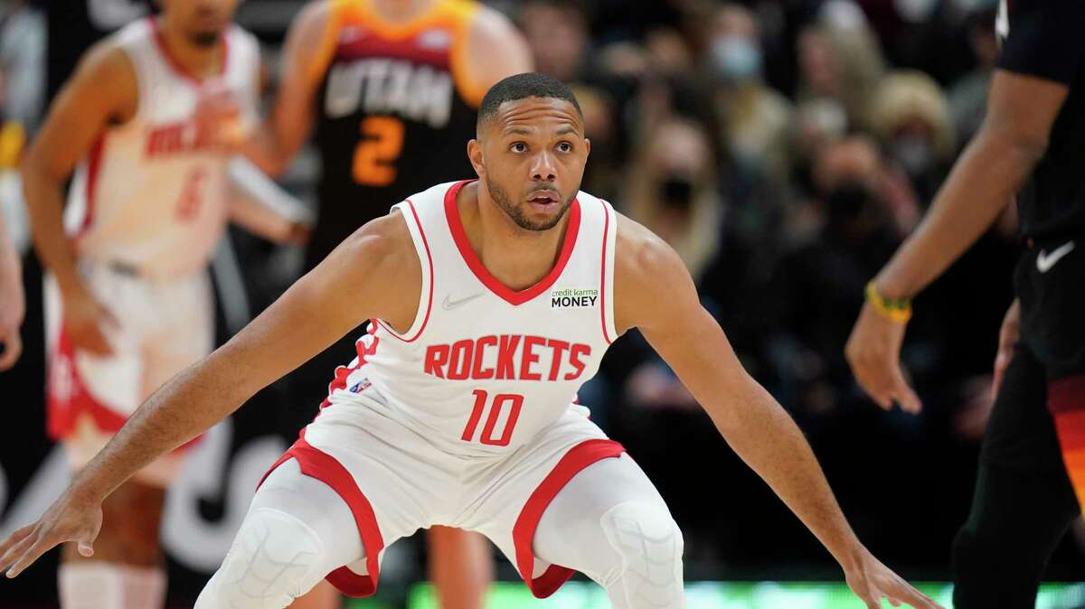 Houston Rockets guard Eric Gordon (10) defends in the first half during an NBA basketball game against the Utah Jazz Wednesday, Jan. 19, 2022, in Salt Lake City. (AP Photo/Rick Bowmer)