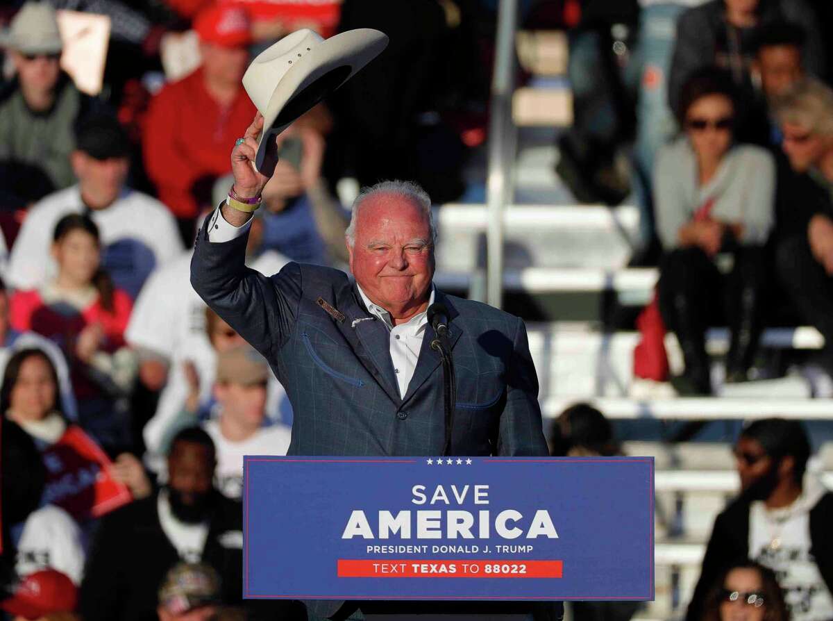 Texas Agriculture Commissioner Sid Miller waves to the crowd after speaking at the Save America Rally, Saturday, Jan. 29, 2022, in Conroe.