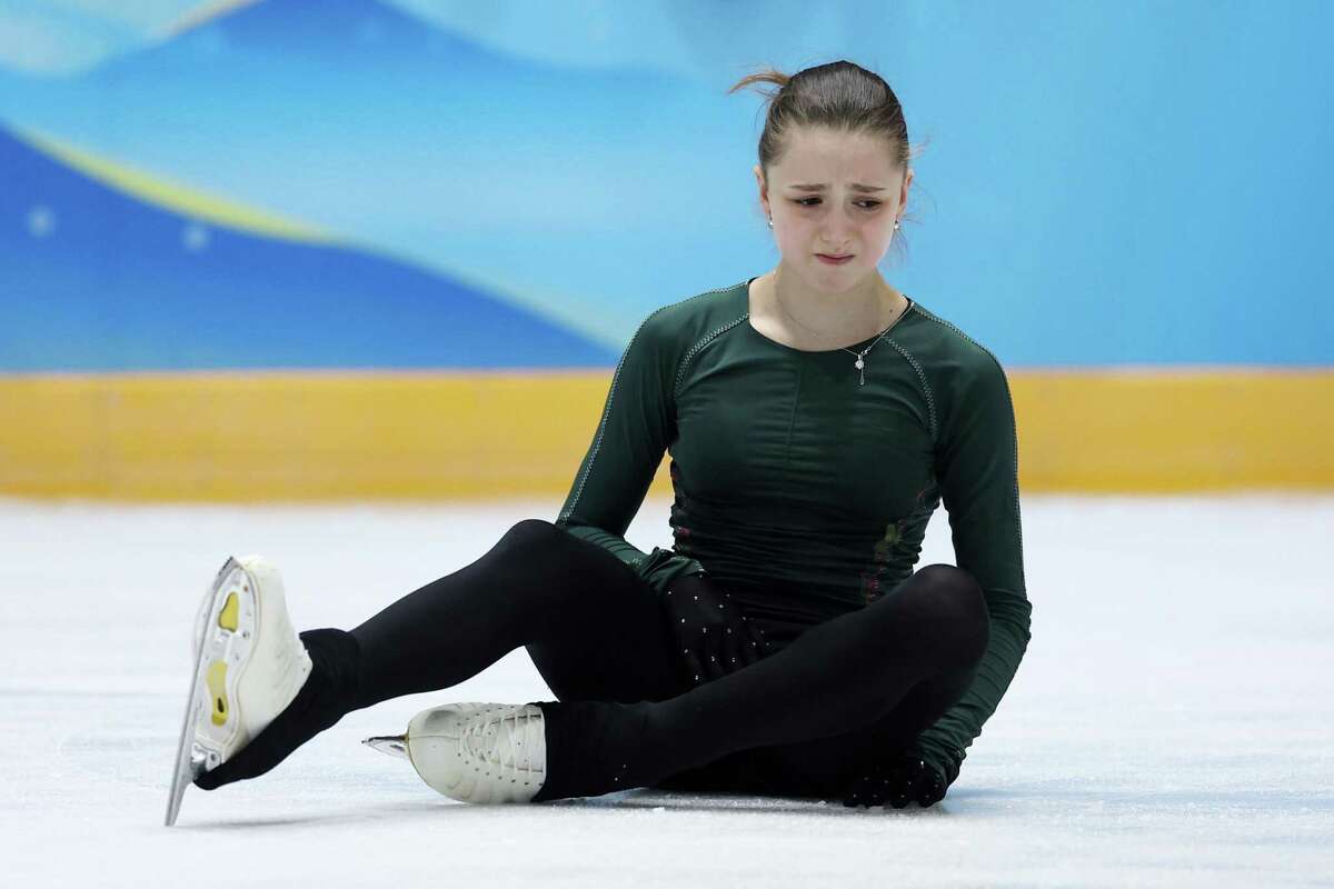 BEIJING, CHINA - FEBRUARY 14: Kamila Valieva of Team ROC falls during a training session on day ten of the Beijing 2022 Winter Olympic Games at Capital Indoor Stadium practice rink on February 14, 2022 in Beijing, China. (Photo by Matthew Stockman/Getty Images)