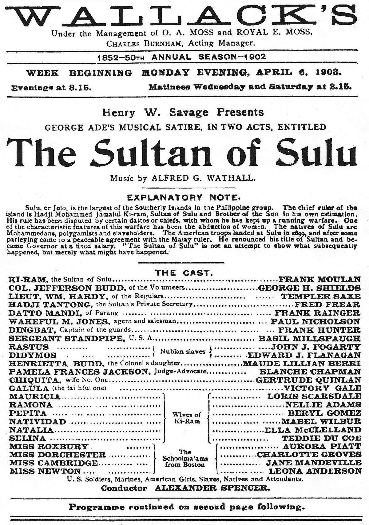 A playbill of “The Sultan of Sulu” when it was produced at Wallack’s Theatre on Broadway in April, 1903.
