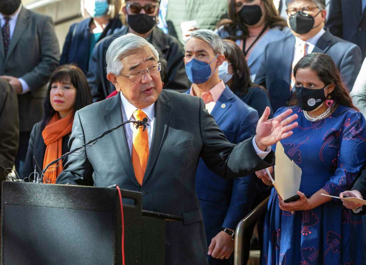 Former state district judge Peter Sakai speaks Monday in front of city hall about the release of the Collaborative Commission on Domestic Violence’s two year report. The commission includes city, county and community-based organizations in an effort to reduce domestic violence in the community.