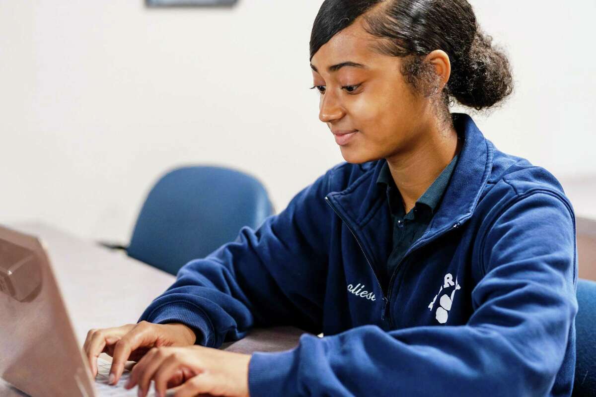 Mercy High School earned the College Board AP Computer Science Female Diversity Award for achieving high female representation in AP Computer Science A. Shown here is Annaliese Rhoden of Cromwell.