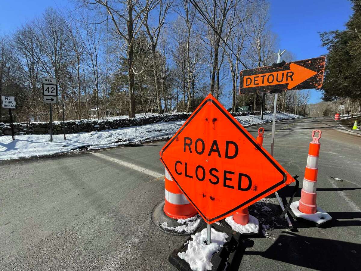 Route 42 in Cheshire, Conn., was closed Monday, Feb. 14, three days after a truck rollover resulted in an oil spill. Photo taken at the South Brooksvale Road intersection.