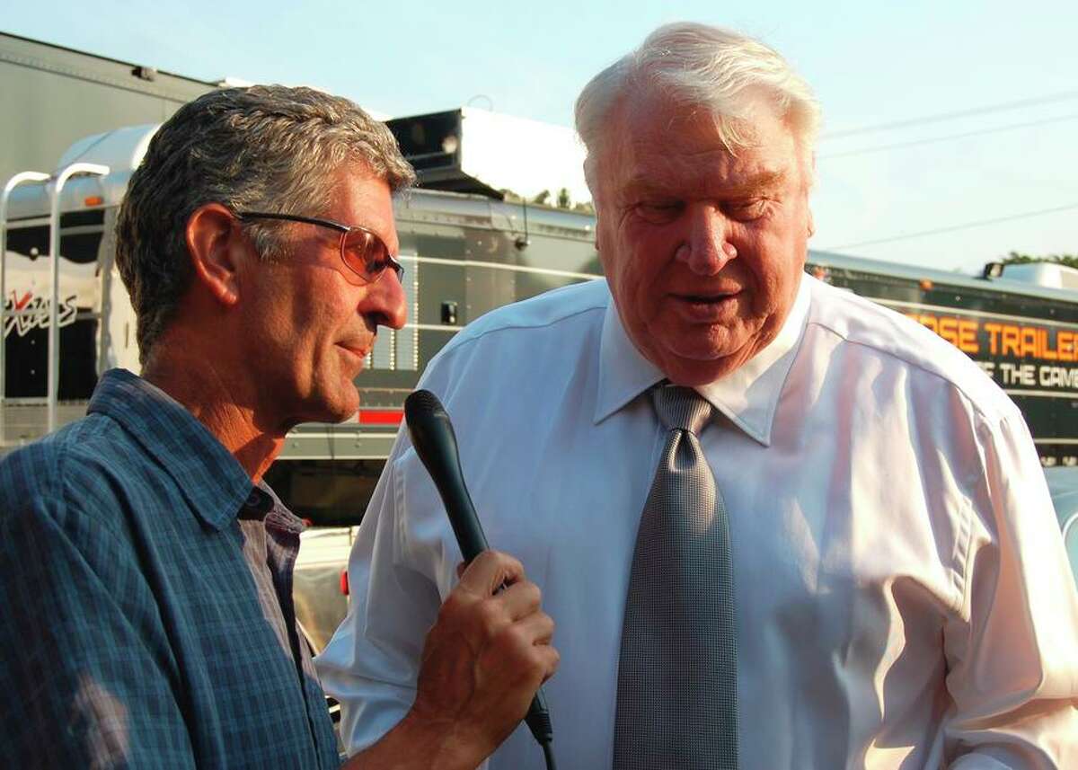 Retired KCBS news anchor Stan Bunger interviewed John Madden at Lambeau Field in Green Bay, Wis., in 2008.