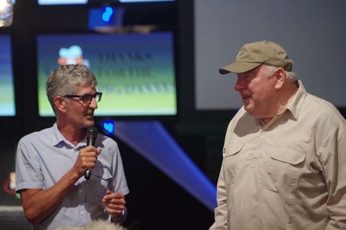Retired KCBS news anchor Stan Bunger and John Madden at an annual barbecue Madden hosted for KCBS employees and clients in Pleasanton in 2014.