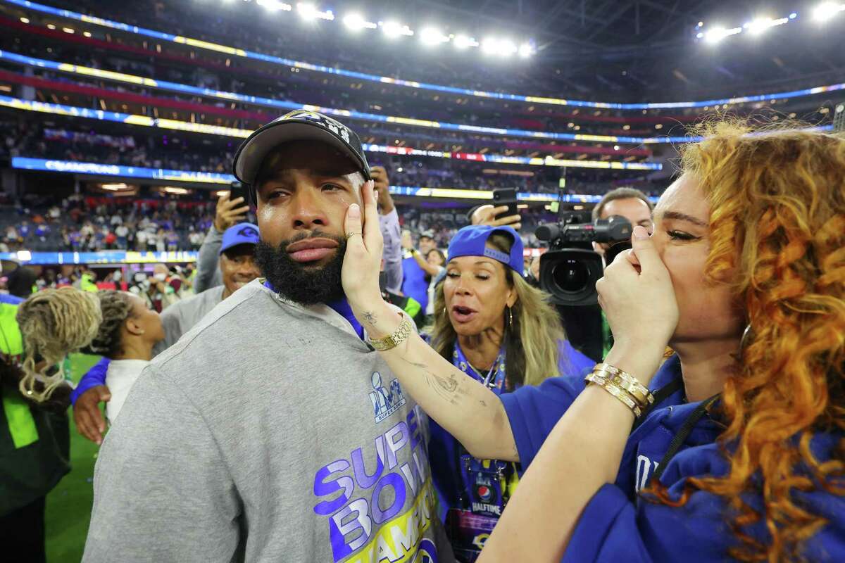 It was mixed emotions for the Rams’ Odell Beckham Jr., with his girlfriend, Lauren Wood, after the Super Bowl LVI victory.
