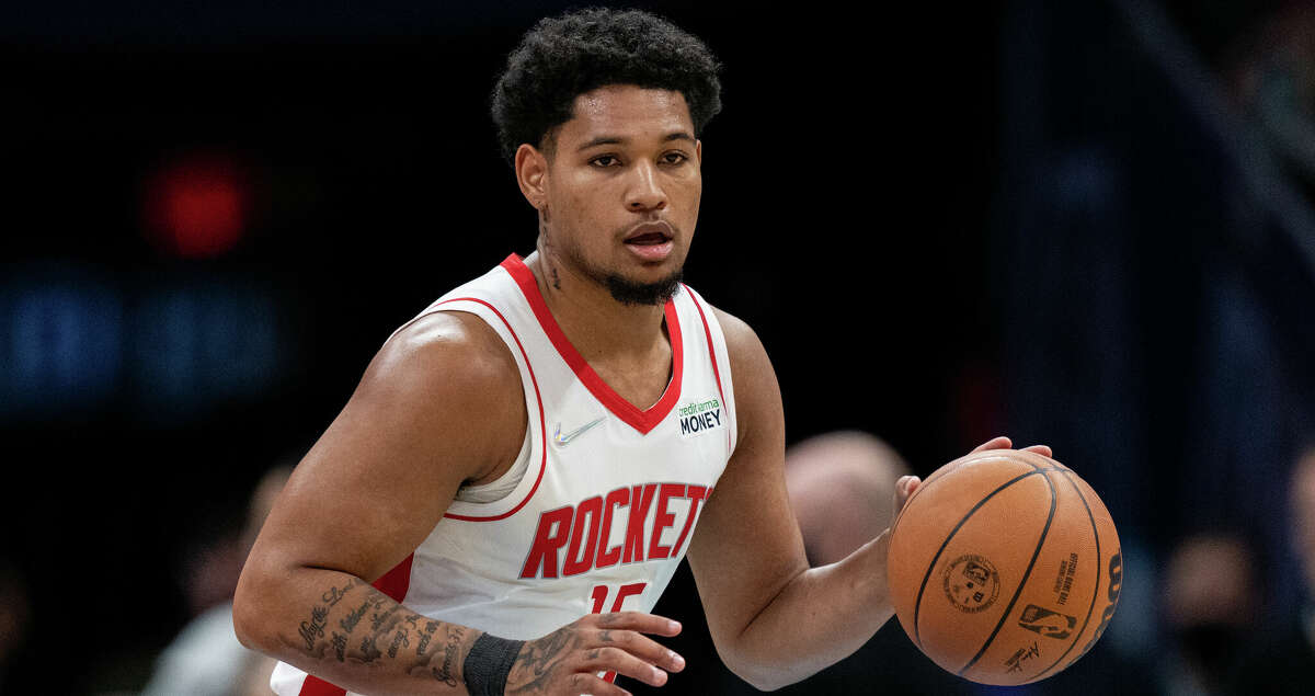 Daishen Nix #15 of the Houston Rockets plays against the Charlotte Hornets during their game at Spectrum Center on December 27, 2021 in Charlotte, North Carolina. (Photo by Jacob Kupferman/Getty Images)