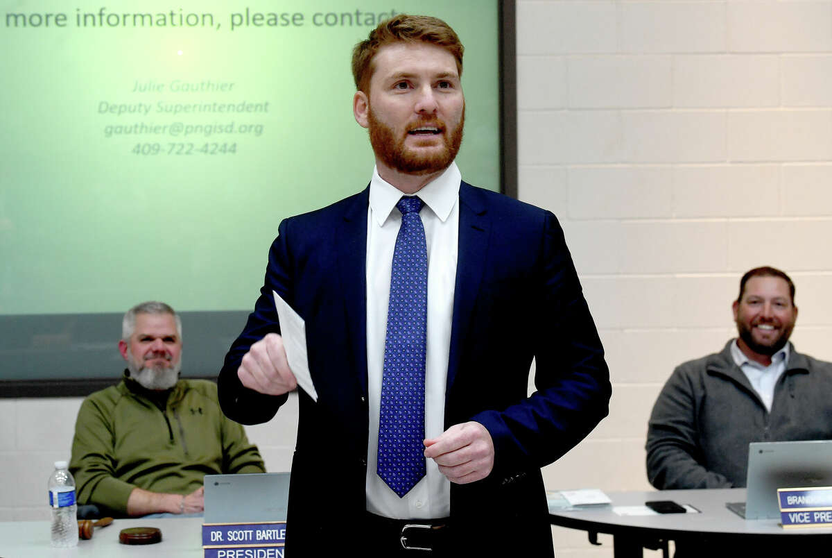 Jeff Joseph addresses the assembly after he was approved by the Port Neches-Groves school board as the new football coach and athletic director, replacing Brandon Faircloth, who announced his resignation from the position months ago. Photo made Monday, February 14, 2022 Kim Brent/The Enterprise