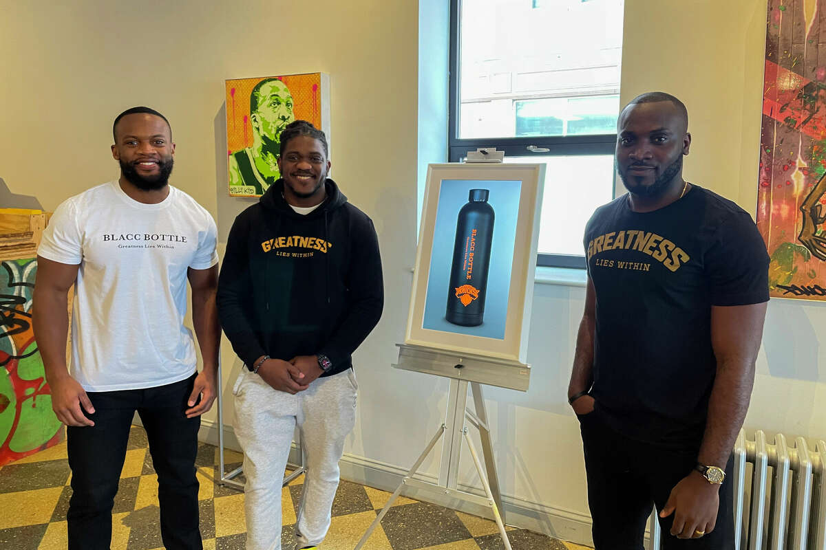 Ralph White, Delano Bennett and Necas Collins (left to right), founders of BLACC Bottle, a Bridgeport-based brand of bottles with positive affirmations, on the NBA Lab studio in Bridgeport on Feb. 1, 2022. 