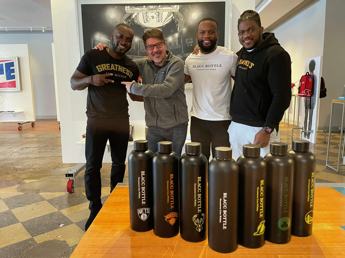 Ralph White, Billi Kid, Delano Bennett and Necas Collins (left to right). White, Bennett and Collins are founders of BLACC Bottle, a Bridgeport-based brand of bottles with positive affirmations. The brand is collaborating with the NBA Lab to bring bottles with branding from NBA teams.  