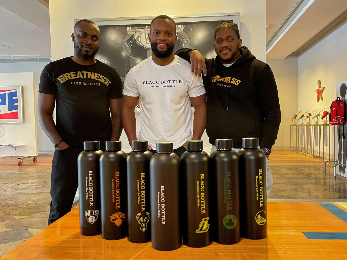 Ralph White, Delano Bennett and Necas Collins (left to right), founders of BLACC Bottle, a Bridgeport-based brand of bottles with positive affirmations, on the NBA Lab studio in Bridgeport on Feb. 1, 2022. 