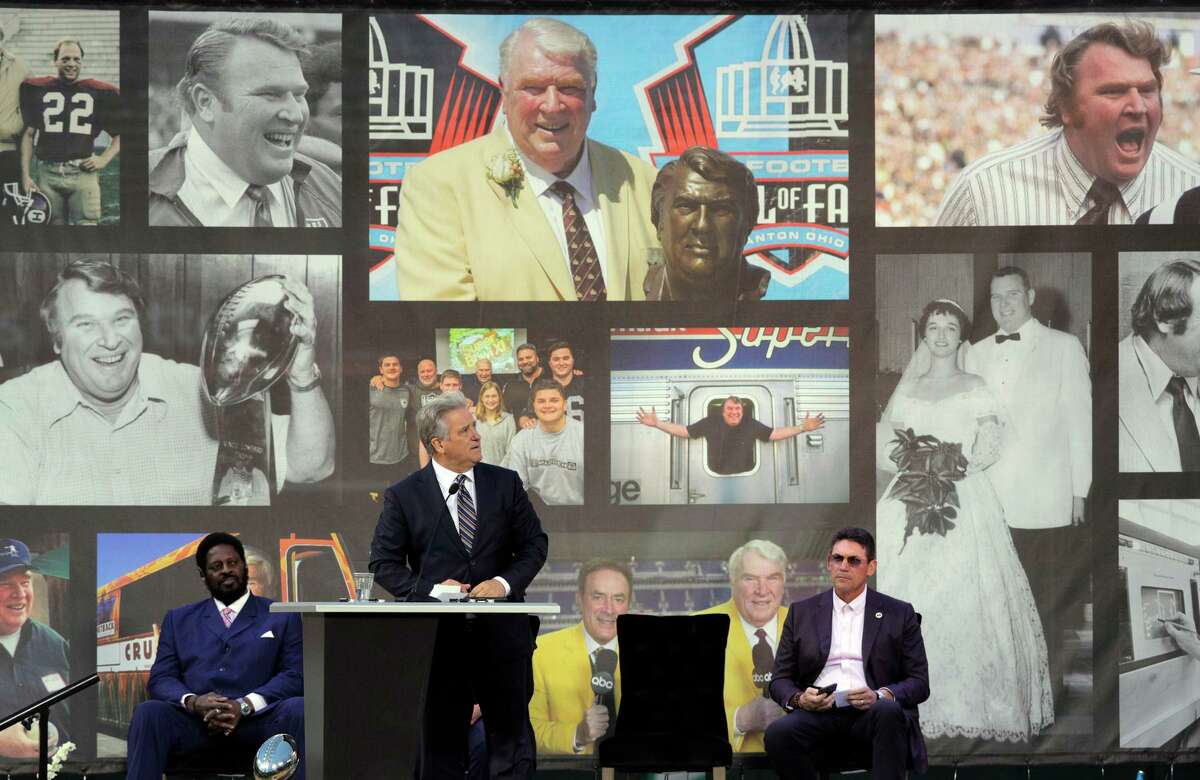 Steve Mariucci speaks at a memorial for former Raiders head coach and broadcaster John Madden at the Oakland Coliseum.