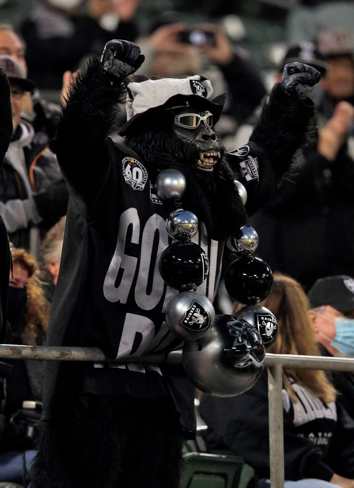 Gorilla Rilla cheers during a public memorial for legendary former Raiders head coach and television announcer John Madden at the Coliseum in Oakland, Calif., on Monday, February 14, 2022. Madden, a Bay Area native, died in December.