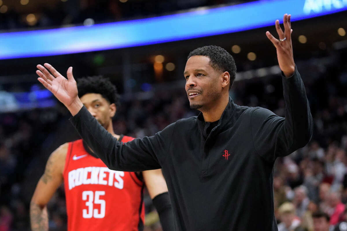 Houston Rockets head coach Stephen Silas reacts during the first half of the team's NBA basketball game against the Utah Jazz on Monday, Feb. 14, 2022, in Salt Lake City. (AP Photo/Rick Bowmer)