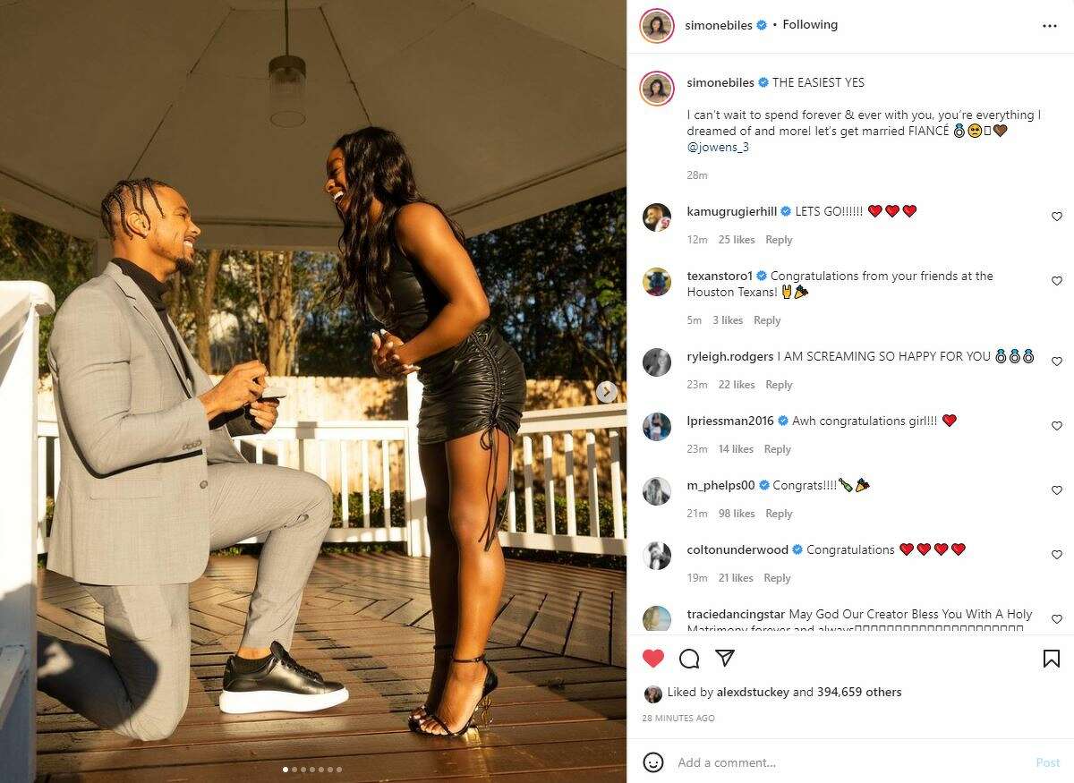 Olympic gymnast Simone Biles and Texans safety Jonathan Owens revealed their engagement on Instagram on Tuesday, Feb. 15, 2022.